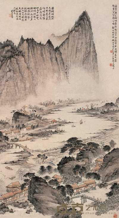 钱松嵒 溪山行旅图 立轴 147×80cm